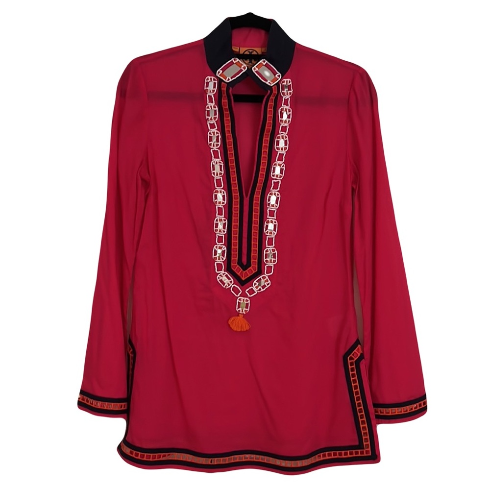 Tory Burch Beaded Cotton Tunic Top in Pink Navy Orange Size 2